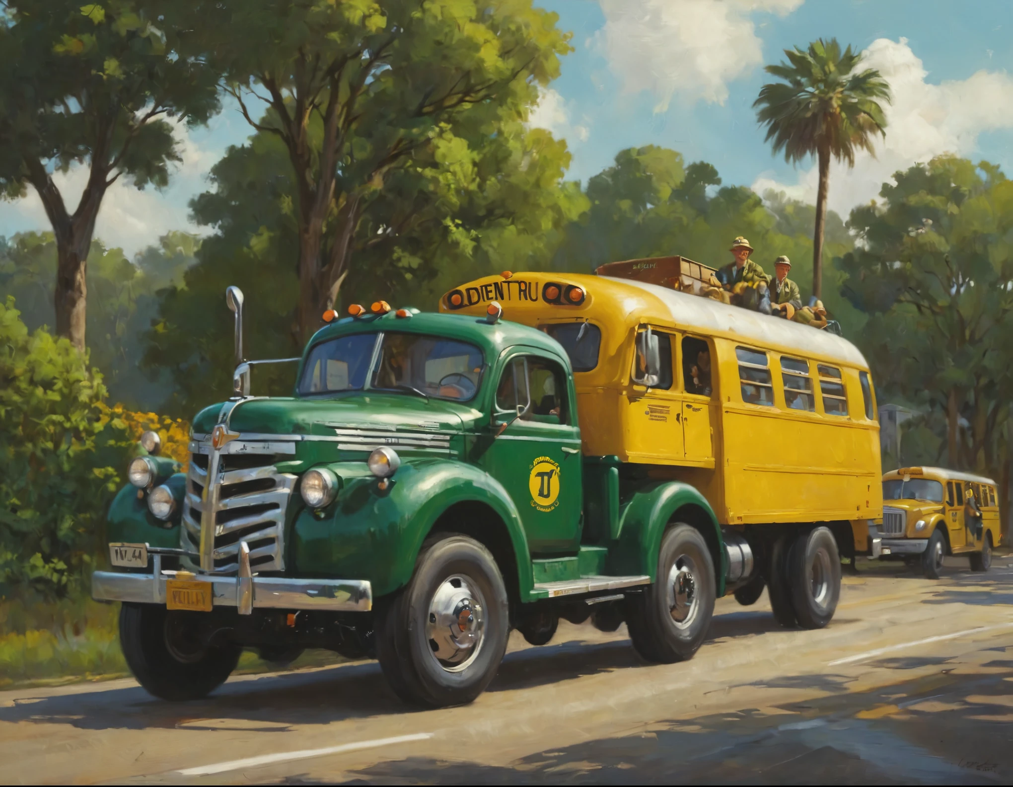 Una imagen de un camión verde con un autobús amarillo en la parte trasera., Don Reichert, Howard Lyon, John Whitcomb, por Brian Thomas, Ken Messer, Escrito por Gerald Kelly, Ken Kelly, Glen Barr, James Gurney&#39;estilo de pintura, por Michael Sutfin, por Roy Newell, 2 0 2 1 Obras premiadas