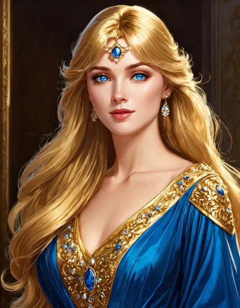 Incredibly beautiful golden-haired blonde with blue eyes, long golden hair. She has long bangs, a luxurious gold dress, and an e...