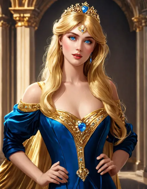 Incredibly beautiful golden-haired blonde with blue eyes, long golden hair. She has long bangs, a luxurious gold dress, and an e...