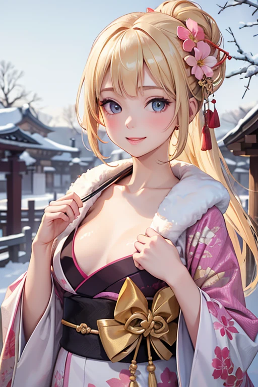 Very detailed CG Unity 8K wallpaper, Cute One Girl, Mature blonde girl, half updo,beautiful  Girl, hot , pale skin (Super masterpiece, Beautiful person, well detailed face polluted smile,   flat chest is hidden by kimono、Photorealistic, hyper realisitic), Colorful winter kimono in gold and white colors 、has white fur、 Japanese Style Hair Accessories、smile,Upper body 、Japanese background with pink flowers and snow