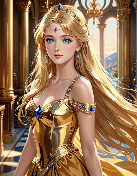 Incredibly beautiful golden-haired blonde with blue eyes, long golden hair. She has long bangs, a luxurious gold dress, and an e...
