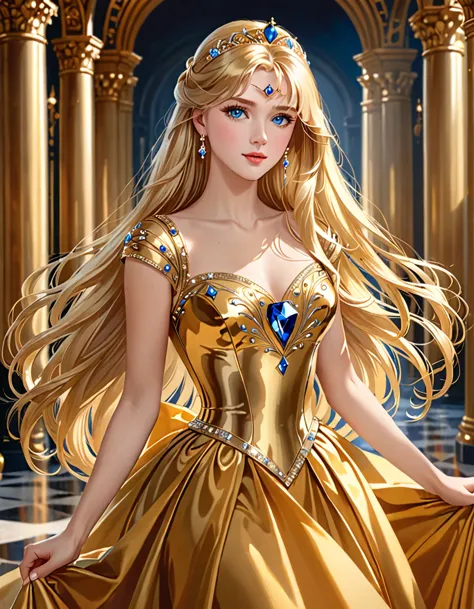 Incredibly beautiful golden-haired blonde with blue eyes, long golden hair. She has long bangs, a luxurious gold dress, and an e...