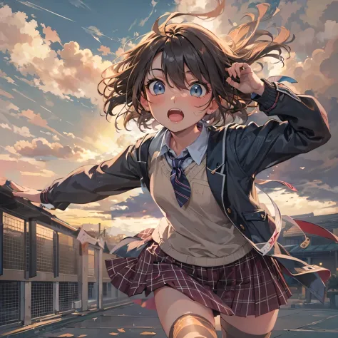 alone, girl, japanese highschool girl, High , Jacket and checked skirt, (Being late and panicking), Beautiful sky, Detailed Clou...