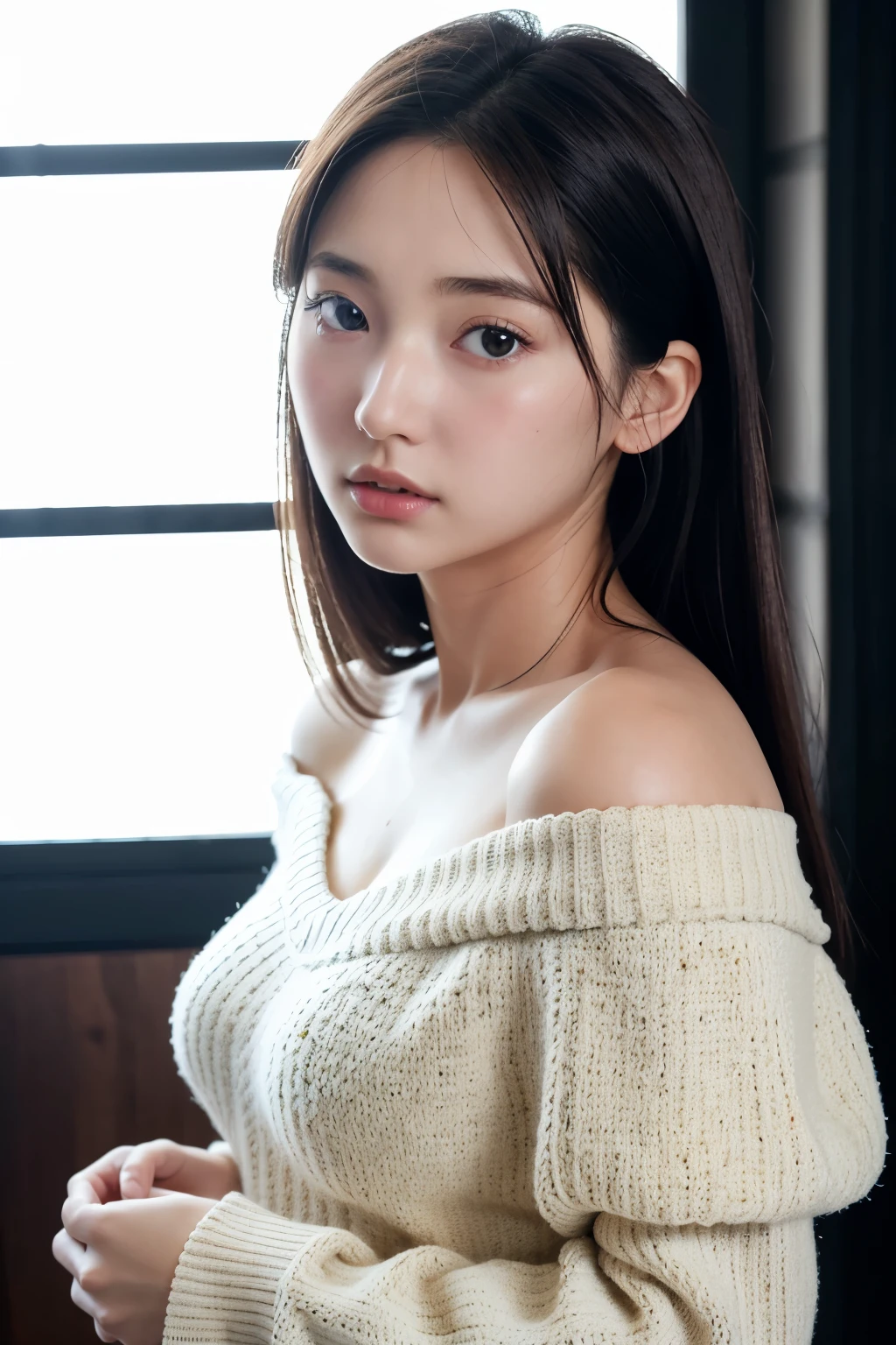 (8K)、(top-quality)、(masuter piece:1.2)、(realisitic)、(Photorealsitic:1.37)、ultra-detailliert、1 girl、looking looking at viewer、cleavage of the breast、Off-the-shoulder clothing、Very large sweater