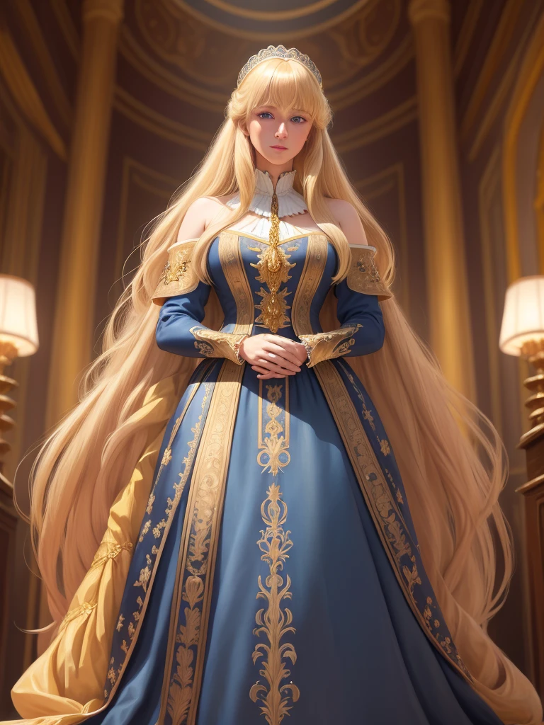 An incredibly beautiful golden-haired blonde with blue eyes and long golden hair. She has long bangs, a luxurious national Spanish dress, a national Spanish hairstyle and national Spanish jewelry. Masterpiece, perfect image, realistic shots, detailed study of faces, full-length image, 8k, detailed image. extremely detailed illustration, a real masterpiece of the highest quality, with careful drawing.