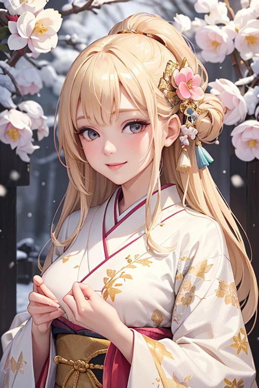 Very detailed CG Unity 8K wallpaper, Cute One lady, Mature blonde lady ,beautiful  lady, pale skin (Super masterpiece, Beautiful person, well detailed face polluted smile,  Photorealistic, hyper realisitic), Colorful winter kimono in gold and white colors ,white fur、 Japanese Style Hair Accessories、smile、Japanese background with pink flowers and snow、Portrait
