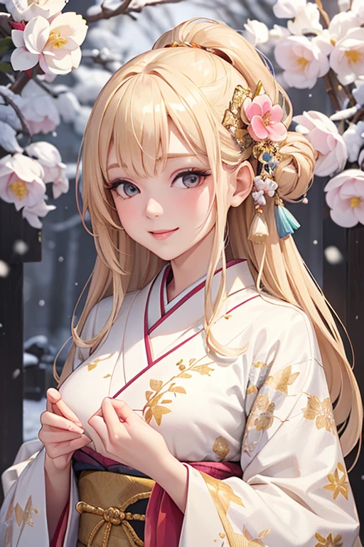 fond d&#39;écran CG Unity 8k très détaillé, Mignonne une dame, Dame blonde mature ,belle dame, peau pâle (super chef d&#39;oeuvre, belle personne, well detailed face polluted sourire,  Photoréaliste, hyper réaliste), Kimono d&#39;hiver coloré aux couleurs or et blanc ,fourrure blanche、 Accessoires pour cheveux de style japonais、sourire、Fond japonais avec des fleurs roses et de la neige、portrait