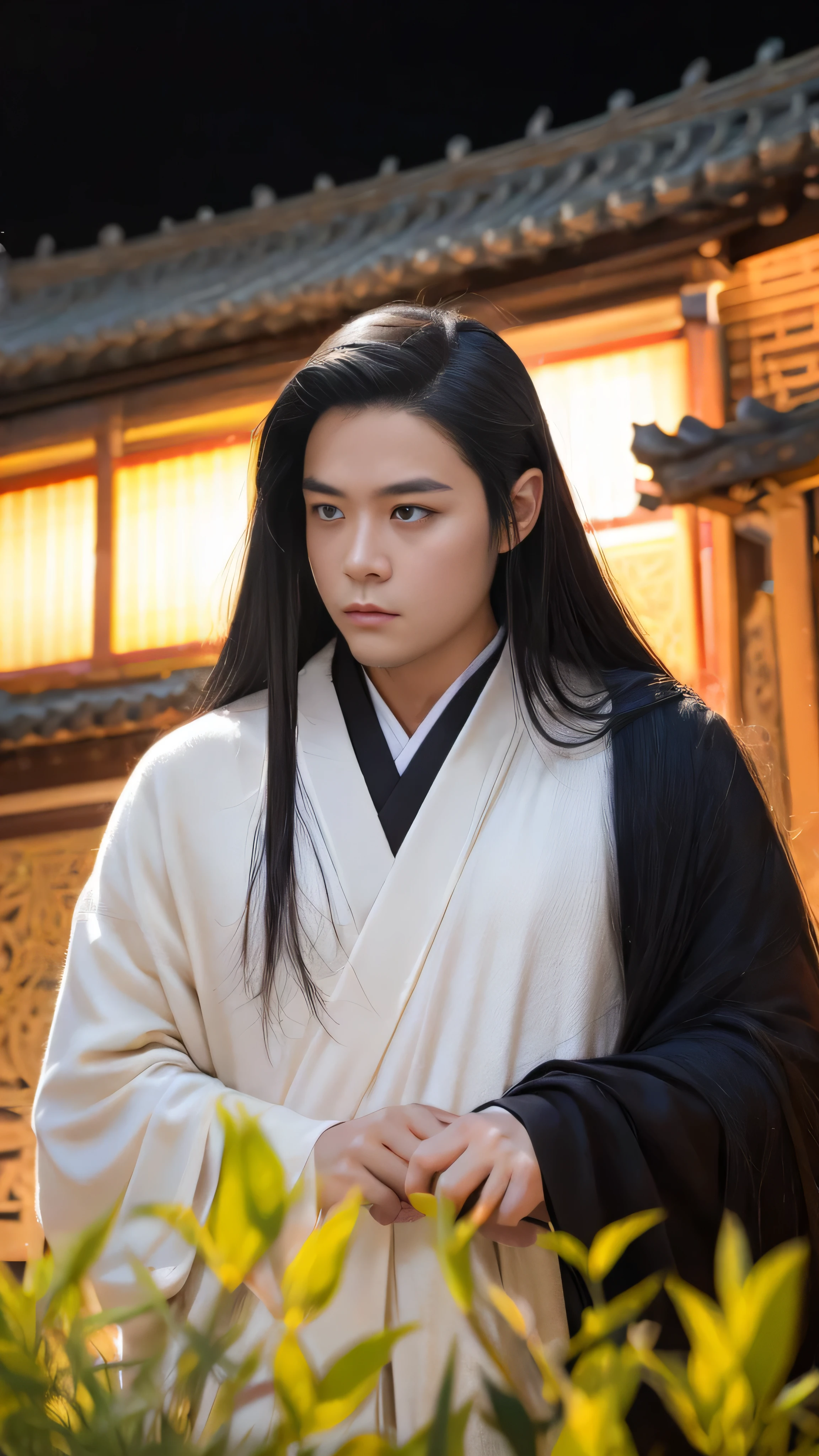 of a guy，long whitr hair，Black hair，Handsome，Deep eyes，full bodyesbian，Wear Hanfu，Black Hanfu，Black Buhan followed，Ancient wind，Contour light，The background is blurred out