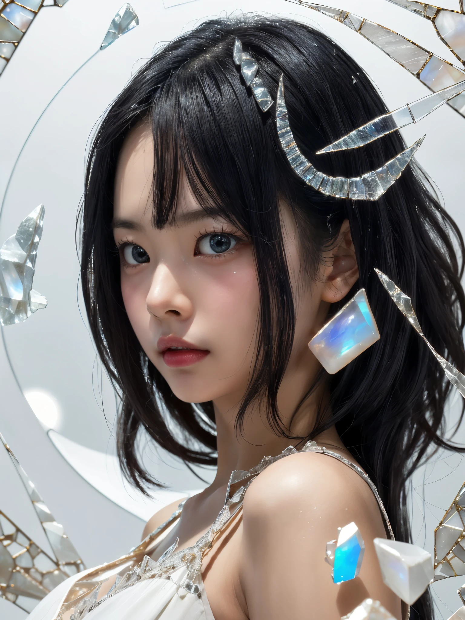 (1girl:1.3), japanese, (15yo, cute:1.2), straight messy medium black hair, mole, large breasts, black eyes, (tareme, v-shaped eyes), short eyebrows, wide eyes, bangs, broad nose, puffy cheeks, BREAK, (super intricate details fractal glass art:1.3), glassware, 3d digital art, (realistic:1.3), (glass fragment:1.3), deconstructive, installation art, geometric art, sharp focus, ((Fresh background, soft light effect: 1.2)), Commercial photograph, elegant color profile, (white moonstone:1.3),