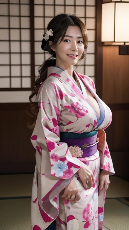 Mujer sexy atractiva madura,50 años de edad, ((kimono)),(((kimono))),cerrar,((pechos grandes:1.2)),(arrugas faciales:1.3),maquillaje ligero,Cabello castaño claro,pelo largo,(fotografía de cuerpo completo:0.85),(Destacar los glúteos grandes.),8k, Fotos CRUDAS, de la máxima calidad, risa,Obra maestra,de la máxima calidad、una sonrisa gentil、Una mirada que seduce al espectador、peinado al azar、Habitación de estilo japonés、pantalla shoji、Lantern、