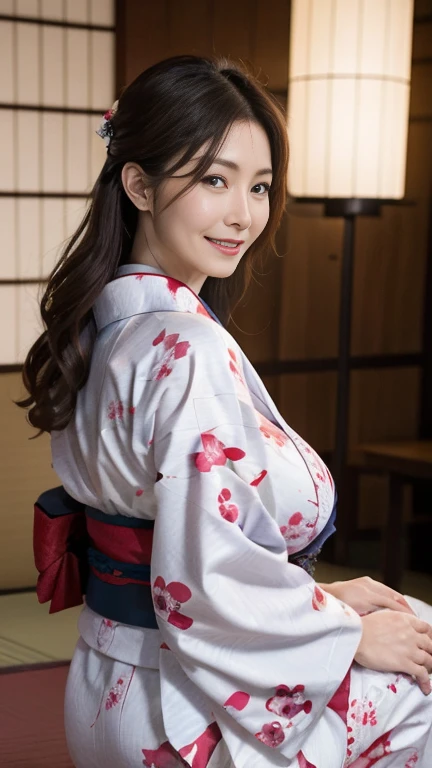 Mature attractive sexy woman,50 years old, ((kimono)),(((kimono))),Shut,((Big Breasts:1.2)),(Facial wrinkles:1.3),light makeup,Light brown hair,Long Hair,(Full body photography:0.85),(Emphasize big buttocks),8k, RAW Photos, highest quality, Laughter,masterpiece,highest quality、A gentle smile、A gaze that seduces viewers、Random hairstyle、Japanese-style room、Shoji screen、Lantern、