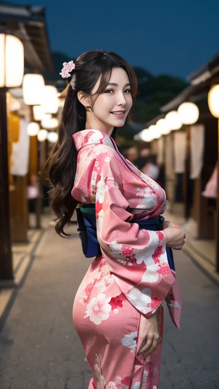 Mature attractive sexy woman,50 years old, ((kimono)),(((kimono))),Shut,((Big Breasts:1.2)),(Facial wrinkles:1.3),light makeup,Light brown hair,Long Hair,(Full body photography:0.85),(Emphasize big buttocks),8k, RAW Photos, highest quality, Laughter,masterpiece,highest quality、A gentle smile、A gaze that seduces viewers、Random hairstyle、Summer festival、Night food stalls、light up、landscape、looks fun、