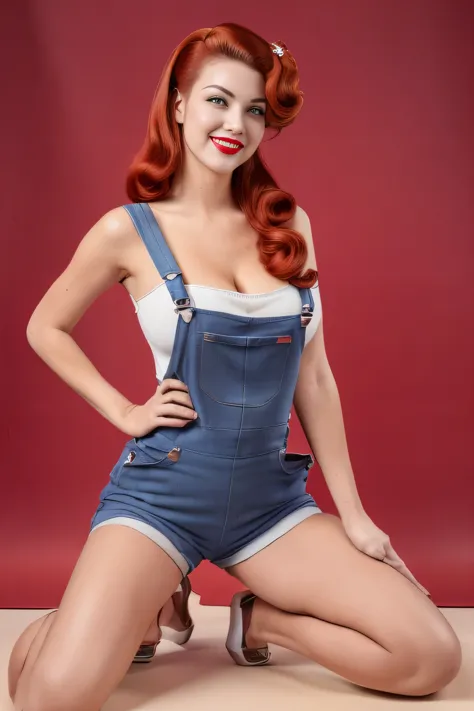 Ultra high resolution full body woman,(((Full length))), ((full body))
(((A woman in a red tight-fitting repairman's suit Worker's overalls with short shorts with a large neckline)), perfect young face, smiling, red lips, 
(((retro hairstyle)))  large brea...