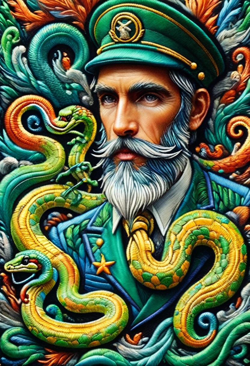 キャプテンブレイブテイルの生き生きとしたダイナミックなイメージを思い描いてください, 明るい緑色が特徴的な小型のヘビ, この陽気な生き物は、きらきらと喜びに満ちた目を持っています, 頭の上にはダイナミックな装飾が施された船長帽が載っている, 鮮やかな色の羽, この粋なアクセサリーの下に, 楽しくて遊び心のある蛇の模様がいくつか見られます, これらのパターンは、彼が本当に真の, 型破りではあるが, 船長