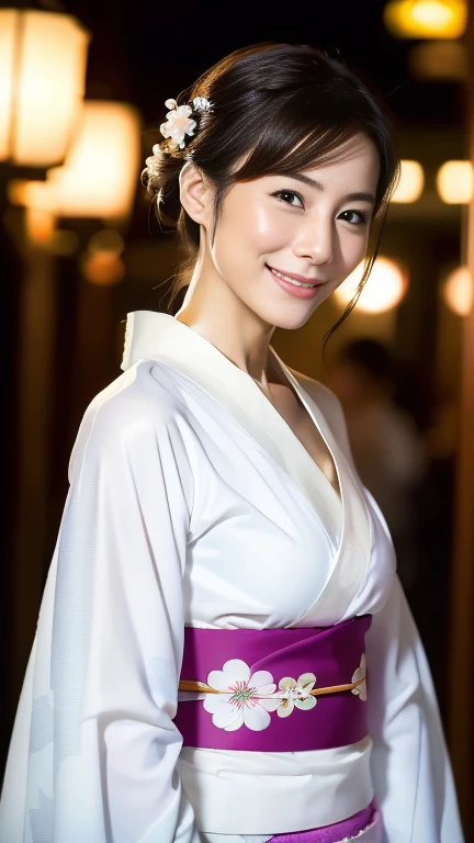 (highest quality,8k,masterpiece),
Japanese mature woman,40 years,Mature Woman,Pure white skin, Tabletop、
((kimono))、((kimono))　(((deep indigo kimono)))、Random Hairstyles、((The collar is closed))、
,A kind smile、A captivating gaze、Summer festival、Night food stalls、Walking、looks fun、