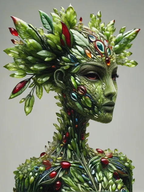 an enchanting humanoid-style plant creature in full bloom, standing upright. it has an overall green body color, with a flower-l...