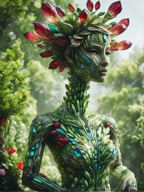 An enchanting humanoid-style plant creature in full bloom, standing upright. It has an overall green body color, with a flower-l...