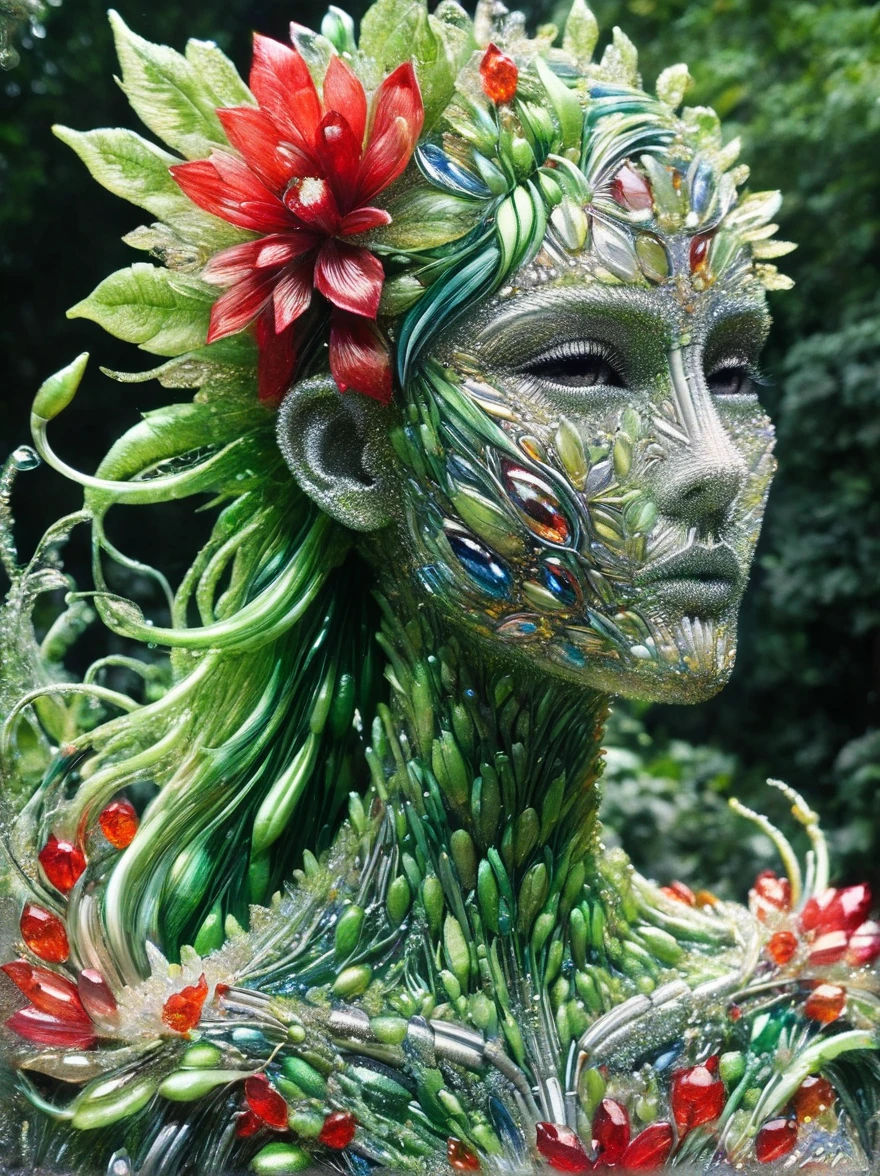 An enchanting humanoid-style plant creature in full bloom, standing upright. It has an overall green body color, with a flower-like structures sprouting around its head. The head is adorned with leaf-like extensions fashioned like a headband. It flaunts a skirt-like structure at its lower half resembling petals of a flower, the array of colors ranges from light green to dark green. Its arms, delicate and slim, end in leafy shapes instead of hands. It also exhibits a pair of oval shaped deep red eyes full of expression adding to its captivating aura.