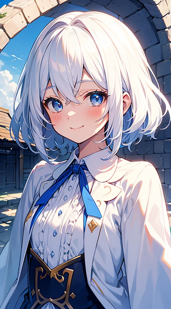 [[[ ultra-detailed, best quality, soft skin, beautiful]]], portrait, cerulean eyes, white hair, small, ribbon, regular robes, ruined village backdrop, smiling, blushing, fit body, teenager, looking upwards,