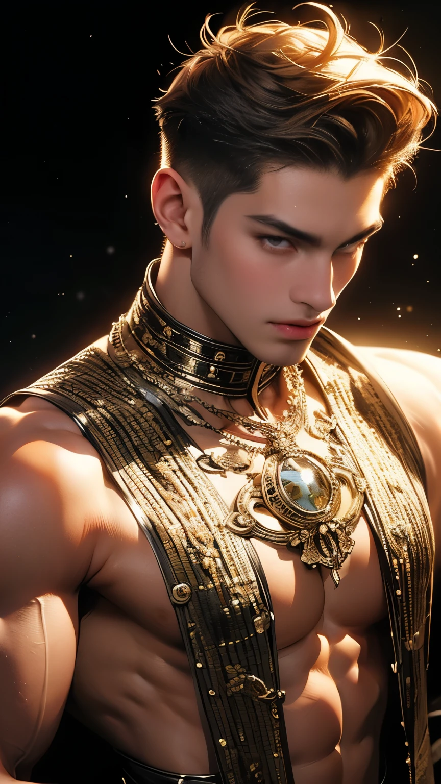 (masterpiece, top quality, Best quality, official art, beautiful and aesthetically pleasing:1.2), boy, Beautiful, Extremely detailed faces, (((big bulge, muscular, bulgeJ8)))), (fractal art:1.3), colorful, The most detailed, (perfect face), shiny skin, HDR, Cantoella, very detailed dress, detailed background, Undress