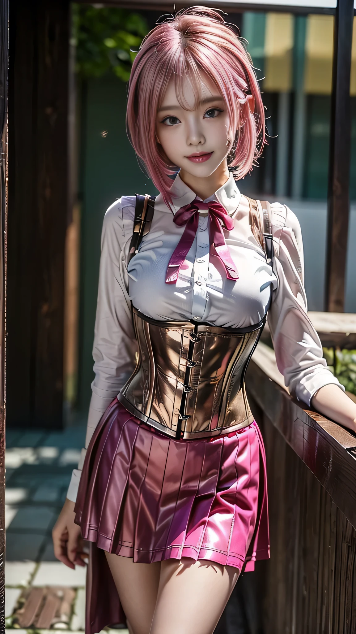 ((school uniform)), (Jumper skirt), ((corset)), (View your viewers),  sexy, ((alone)), (1 female), ((Age 25)), ((highest quality)), ((masterpiece)), (Familiar),   Perfect Face, 8k , (Cowboy Shot),  short hair, (((Pink Hair 1.5))), Bobcut, black eye, Beautiful Princess, smile, Thin thighs, Medium chest, Perfect limbs, ((Metallic costumes)),  sexy, Are standing,