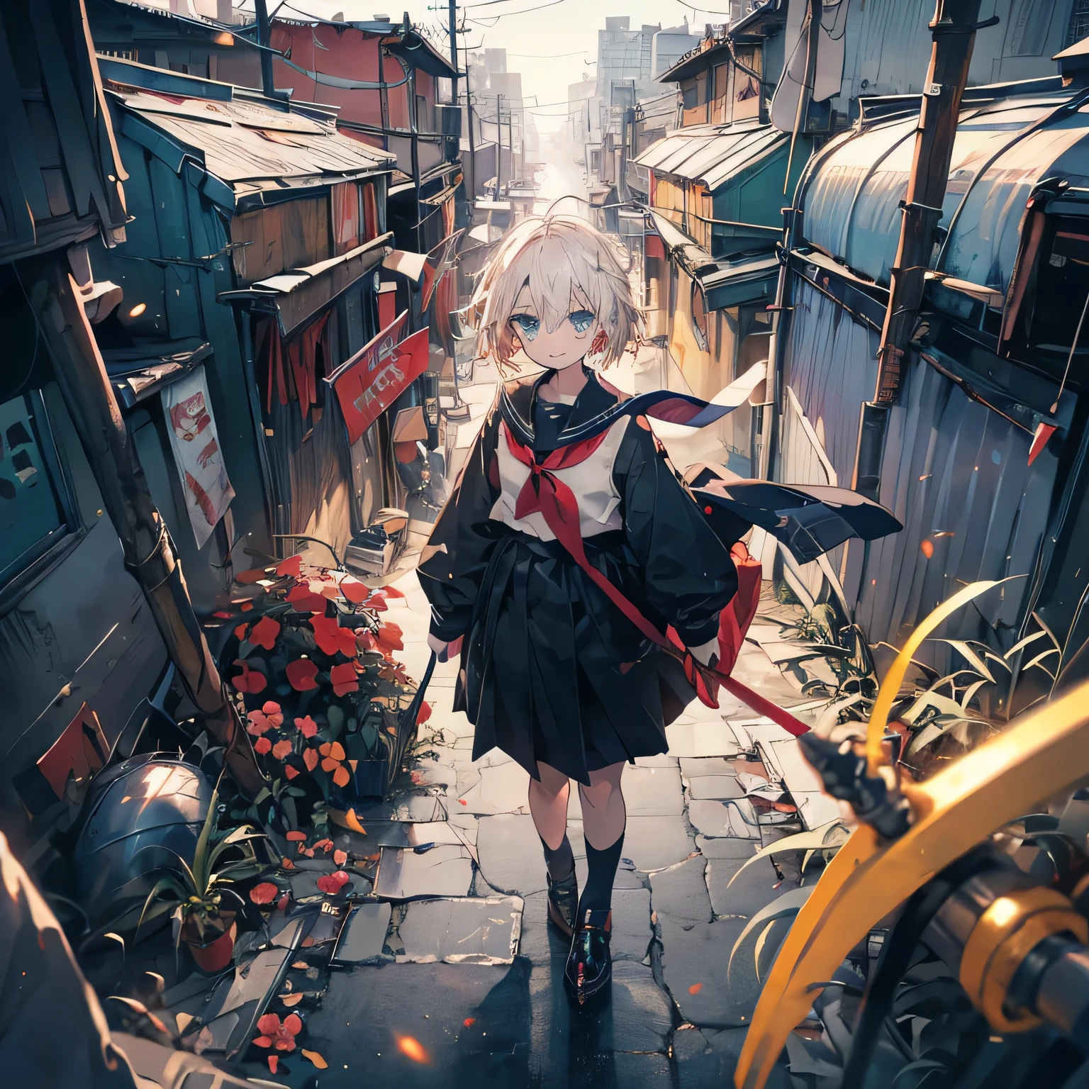 quality\(8k,wallpaper of extremely detailed CG unit, ​masterpiece,hight resolution,top-quality,top-quality real texture skin,hyper realisitic,increase the resolution,RAW photos,best qualtiy,highly detailed,the wallpaper,cinematic lighting,ray trace,golden ratio\), BREAK ,solo,1woman\(cute, kawaii,small kid,skin color white,pale skin,smile face,hair floating,hair color blond,short bob hair,eye color cosmic,big eyes,black sailor uniform,walking,view from above:1.8,long shot\),background\(outside,messy slum,view from above,long shot,long view\),(please generate hand correctry when generating hand)