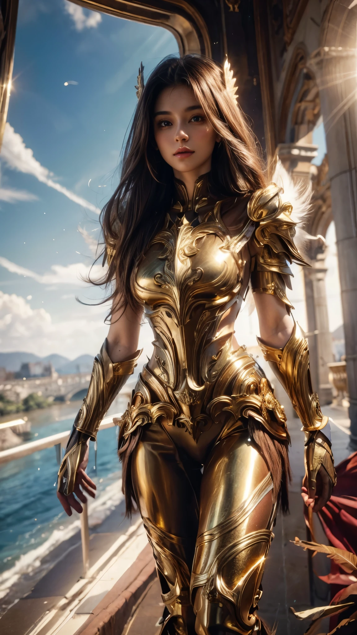 WINGED WOMAN, SAINT WOMAN, HUGE LONG HAIR, BROWN HAIR, HUGE BROWN FEATHERS, GOLD BODY ARMOUR, LONG BLUE BODYSUIT, PALE SKIN, BLUE EYES, LIGHTING EYES, ROSY CHEEKS, MENTAL FORAMEN, ATHLETIC BODY, LUMINOUS BODY AURA, MUSCLES, LIGHTING AURA, GOLD BRACELETS, GOLD GAUNTLETS, BACKLIGHTS, SUN, RIVER, SAINT WOMAN, SIDE BODY VIEW, ANGEL FROM HEAVEN