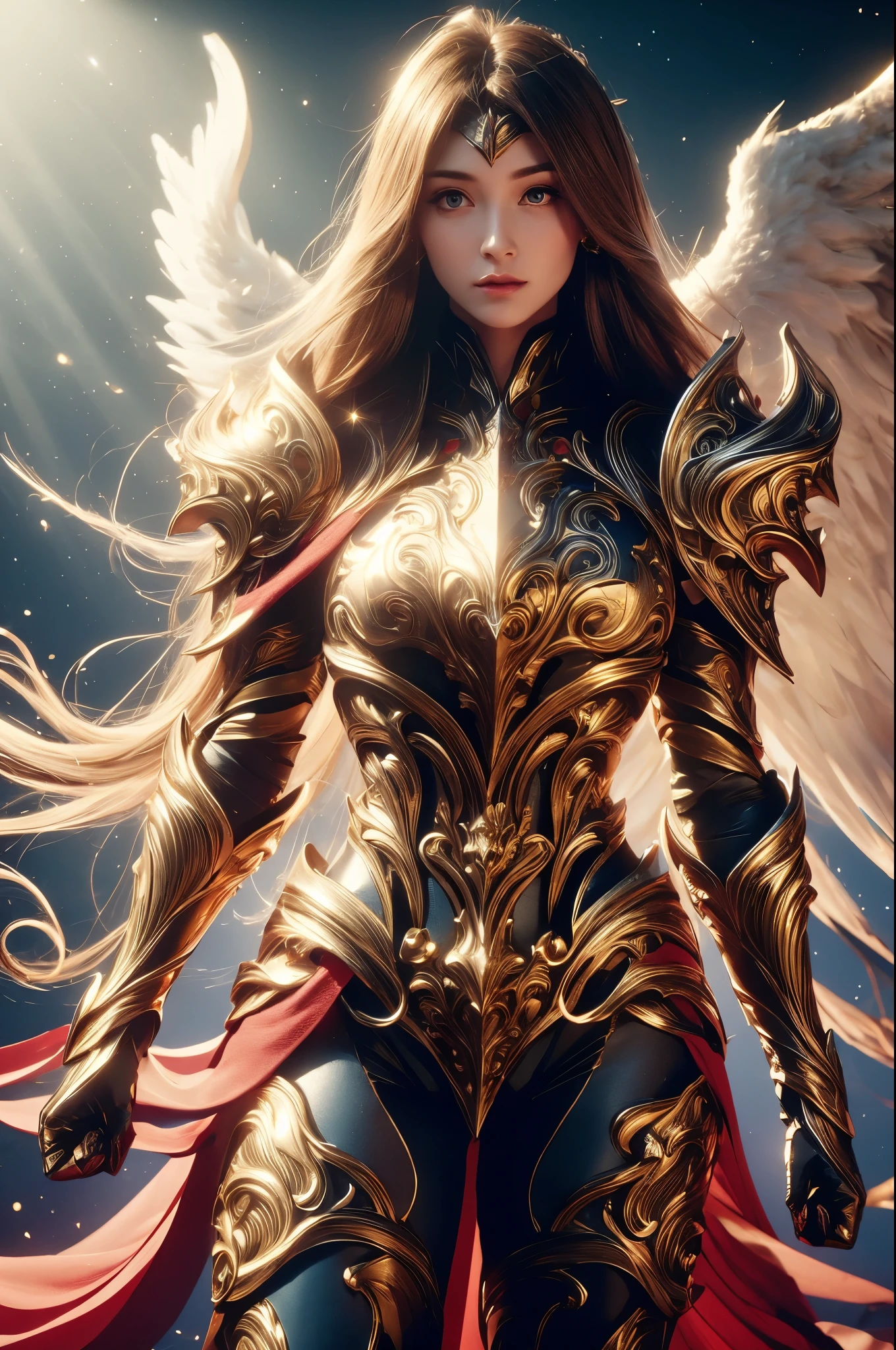 WINGED WOMAN, SAINT WOMAN, HUGE LONG HAIR, BROWN HAIR, HUGE BROWN FEATHERS, GOLD BODY ARMOUR, LONG BLUE BODYSUIT, PALE SKIN, BLUE EYES, LIGHTING EYES, ROSY CHEEKS, MENTAL FORAMEN, ATHLETIC BODY, LUMINOUS BODY AURA, MUSCLES, LIGHTING AURA, GOLD BRACELETS, GOLD GAUNTLETS, BACKLIGHTS, SUN, RIVER, SAINT WOMAN, SIDE BODY VIEW, ANGEL FROM HEAVEN