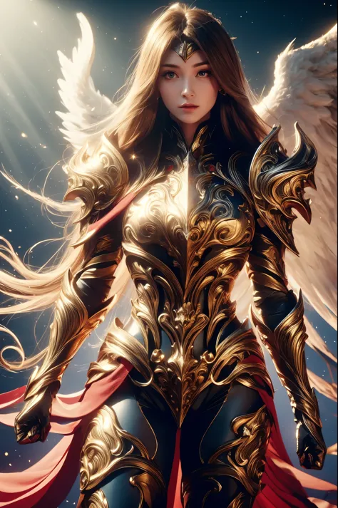 winged woman, saint woman, huge long hair, brown hair, huge brown feathers, gold body armour, long blue bodysuit, pale skin, blu...