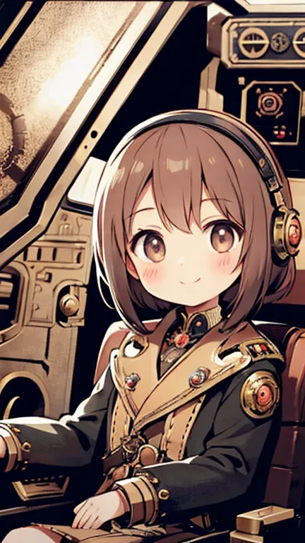 Steampunk AI，One very small girl，engineer，He sits in the tiny cockpit of a small robot and pilots it.，is nervous，smile，