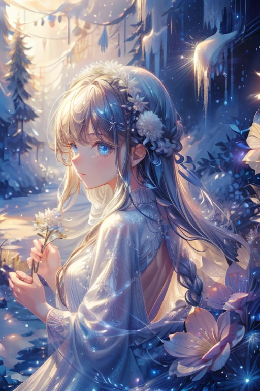 (masterpiece、8k、highest quality)、(Soft Light:1.3), Detailed face, Long Hair,Fine grain, dress, Beautiful digital artwork, landscape, Backlight, Lots of flowers, forest, Sparkling eyes, Winters, warm, warm light, snow