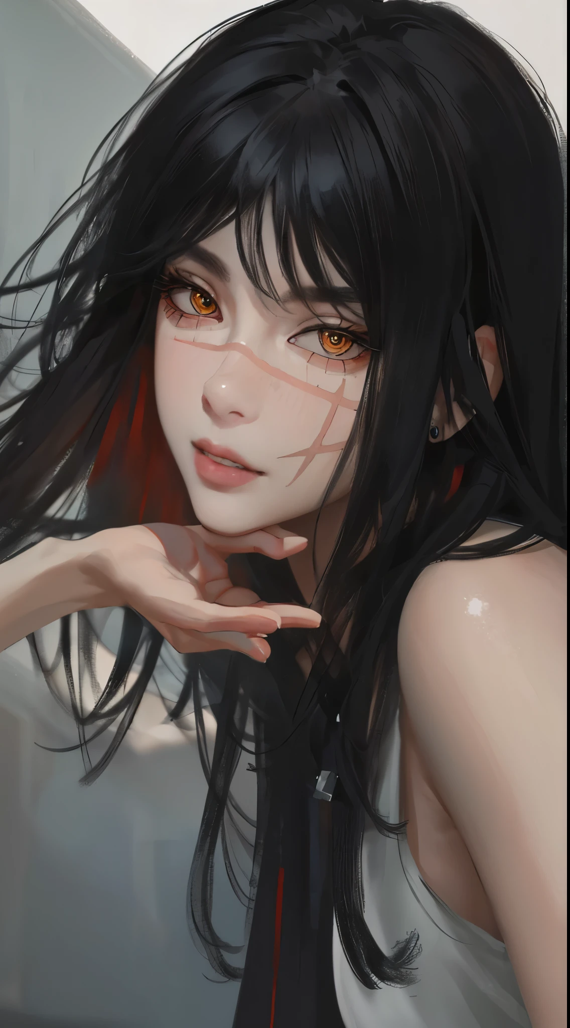 Anime girl with long black hair and red eyes posing for a picture ...