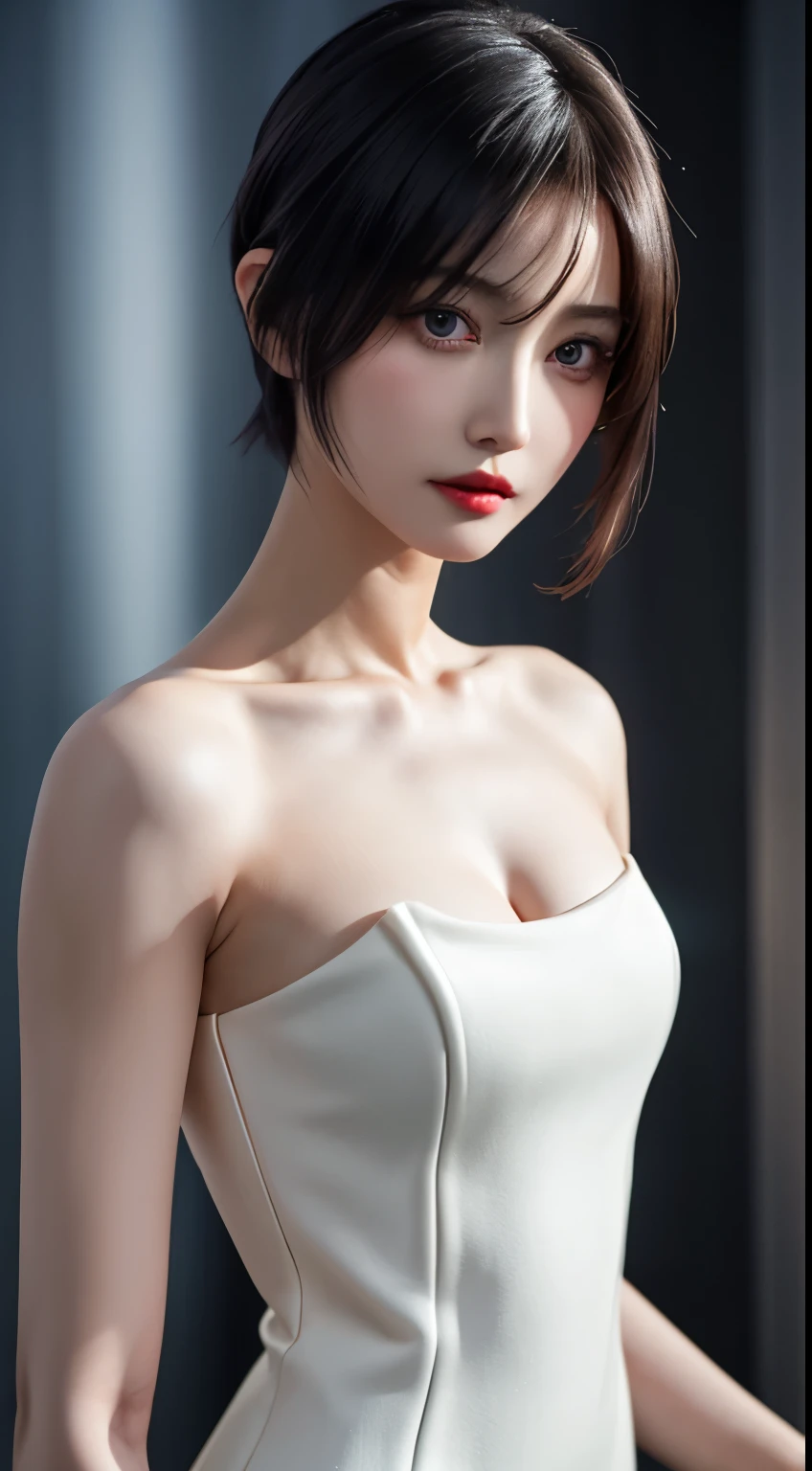 masterpiece, One beautiful girl, detailed, Swollen eyes, (Naked-like bodycon dress:1.6)、highest quality, 超A high resolution, (reality: 1.4), Original photo, One Girl, Cinema lighting, (Laughter:0.6), Japanese, Asian Beauty, Korean, Proper, Very very beautiful, A little younger face, Beautiful skins,Orange Hair、 slender and small breasts, Wearing a bodycon dress that clearly shows off your body lines:1.6、cyberpunk background, (Ultra-realistic), (Awareness-raising), (High resolution), (8K), (Very detailed), (The best Awareness-raisingns), (Beautiful and detailed eyes), (Super detailed), (wallpaper), (Detailed face), Looking at the audience, Detailed, Detailed face、Deep Shadow、Inconspicuous、Pure Erotic Face Ace_v1、46 point diagonal bangs、Look straight ahead、Dress neatly、Black eye color、