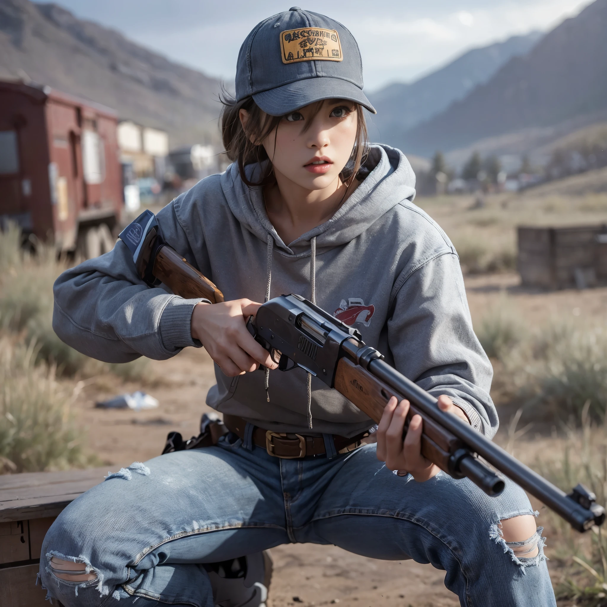 8K, realistic photo, realistic skin texture, アメリカ在住の美しい日本人woman、An old, rusty beige pickup truck with the door open and sitting in the seat、American mountain town、indians baseball cap、Grey hoodie、A１Flight jacket、BROWNING CYNERGY  Ultimate Tukey　shotgun、loose fit denim pants、sneakers、Dynamic pose、anger、decision、Fighting the Outlaws、Innovative composition、woman