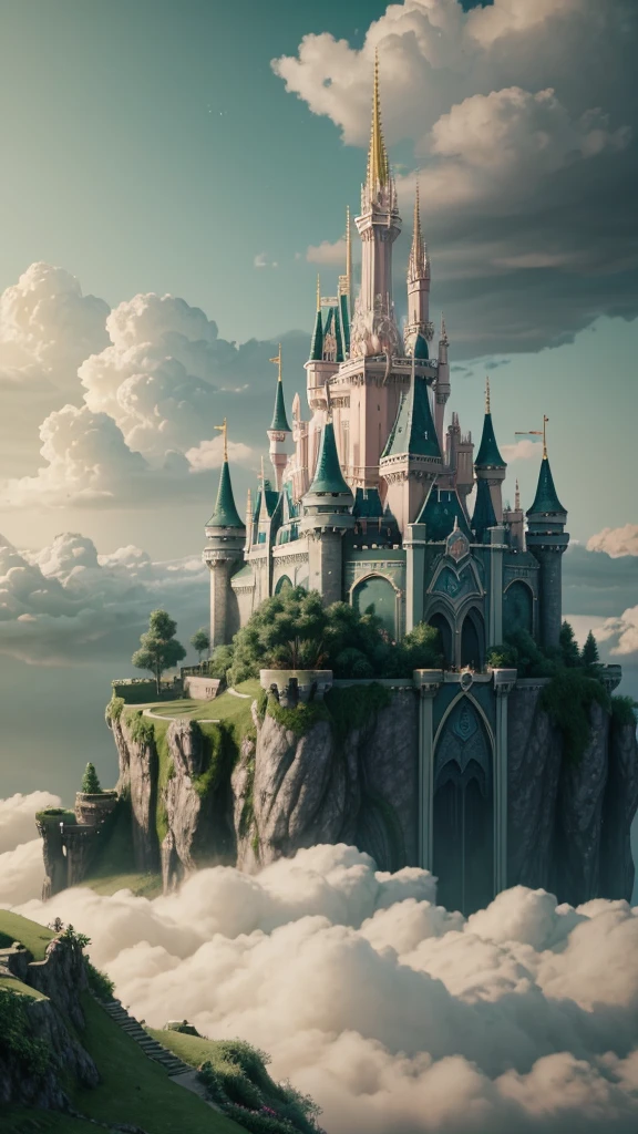 Epic CG matte painting, wide view, pale green clouds, Disney castle, garden full of flowers on the clouds, a few drops of water falling from the clouds, a sea of pale green roses, HD images, Unreal Engine, ArtStation 4k HD trend  