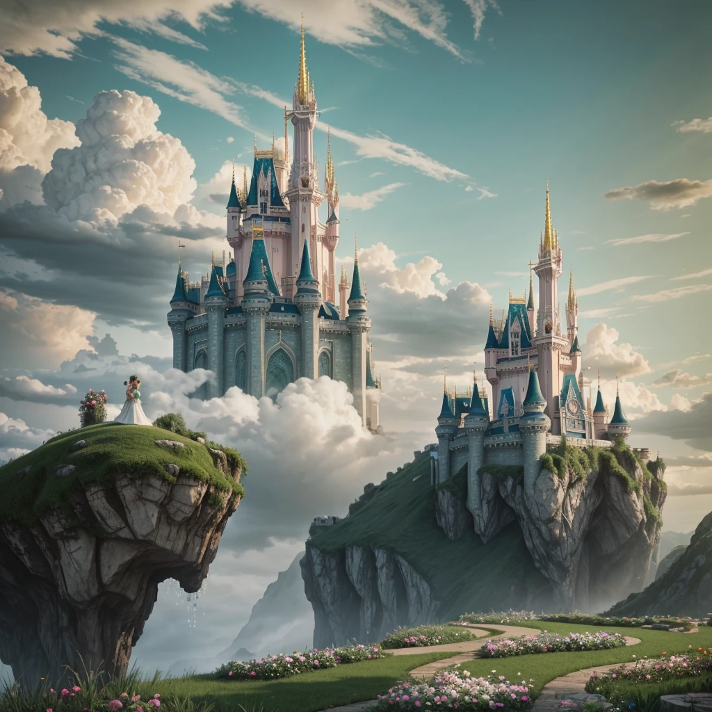 Epic CG matte painting, wide view, pale green clouds, Disney castle, garden full of flowers on the clouds, a few drops of water falling from the clouds, a sea of pale green roses, HD images, Unreal Engine, ArtStation 4k HD trend  