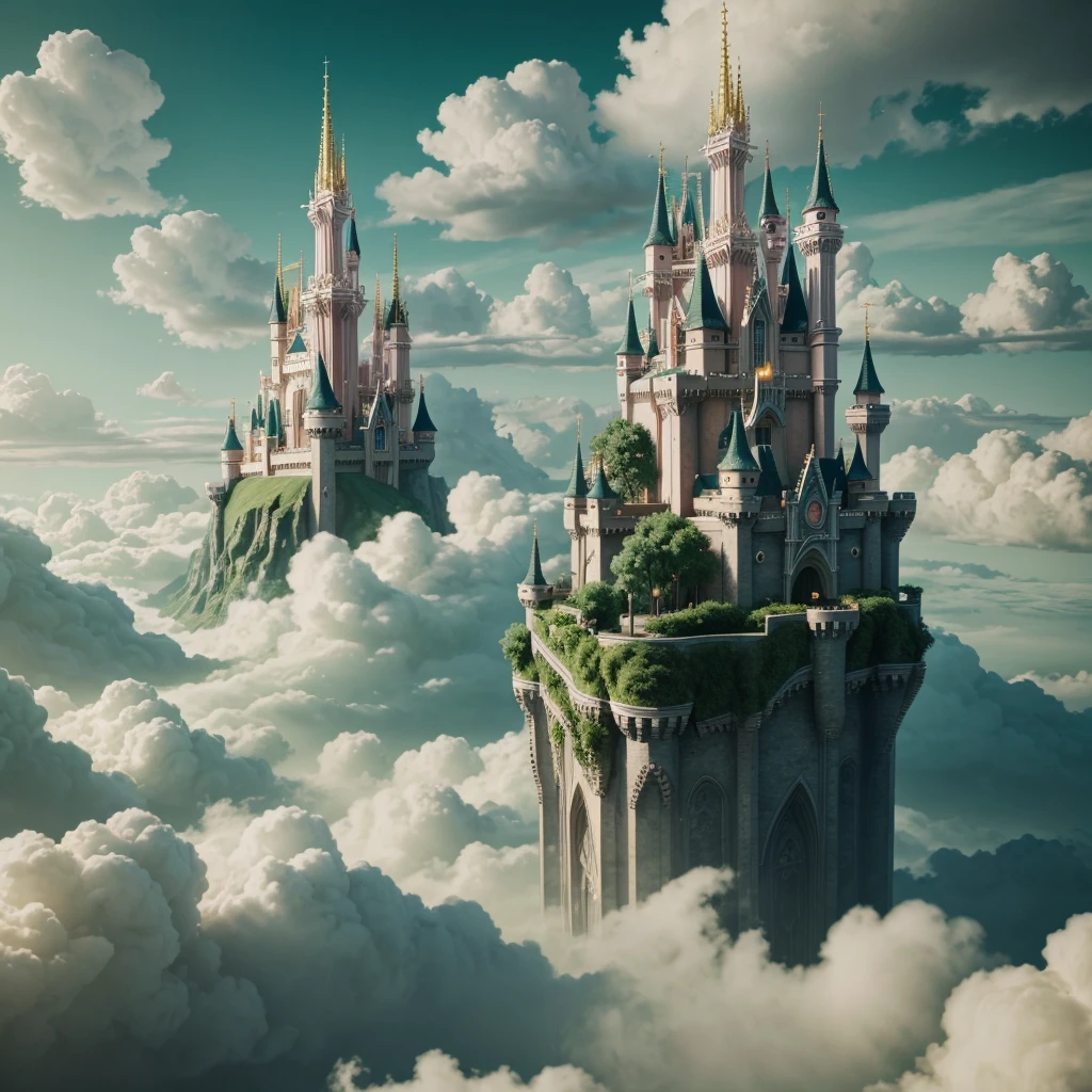 Epic CG matte painting, wide view, pale green clouds, Disney castle, garden full of flowers on the clouds, a few drops of water falling from the clouds, a sea of pale green roses, HD images, Unreal Engine, ArtStation 4k HD trend  