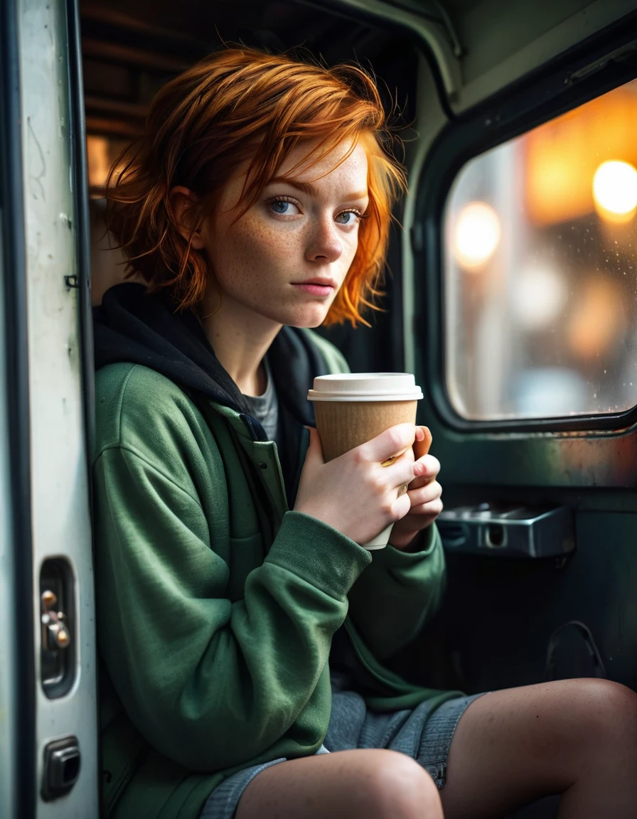 cinematic Photorealistic picture of a beautiful short ginger hairstyle homeless girl, sitting inside her opening door van home with a cup of take away coffe cup, hungry, try to stay positive in her uncertain future, sad eye, bokeh, shallow depth of field, late afternoon natural lighting fuses with neon city light