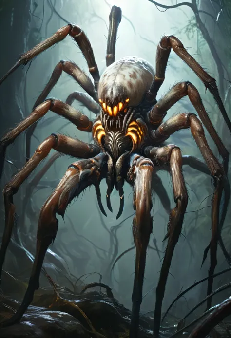 best quality,4k,8k,highres,masterpiece:1.2),ultra-detailed,realistic,photorealistic:1.37,this creature, a terrifying fusion of spider and human female with six arms, embodies a grotesque harmony of two distinct forms. Its upper body retains the unmistakabl...