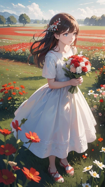 There is a  wearing a red and white dress and holding a bouquet of flowers, girl in flowers, Picking flowers, Holding flowers, Pick up a flower, Girl standing in a field of flowers, Girl standing in a field of flowers, Flowers on the heir&#39;s cheeks, Girl in a field of flowers, صورة لGirl in a field of flowers, Girl walking in the forest, Girl with a flower head