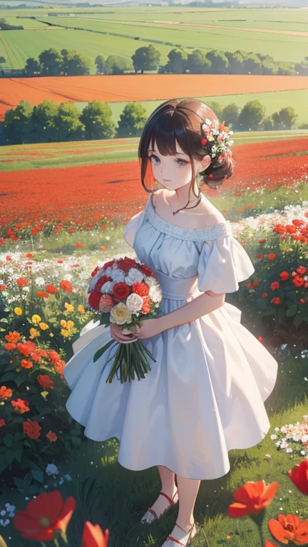 There is a  wearing a red and white dress and holding a bouquet of flowers, girl in flowers, Picking flowers, Holding flowers, Pick up a flower, Girl standing in a field of flowers, Girl standing in a field of flowers, Flowers on the heir&#39;s cheeks, Girl in a field of flowers, صورة لGirl in a field of flowers, Girl walking in the forest, Girl with a flower head