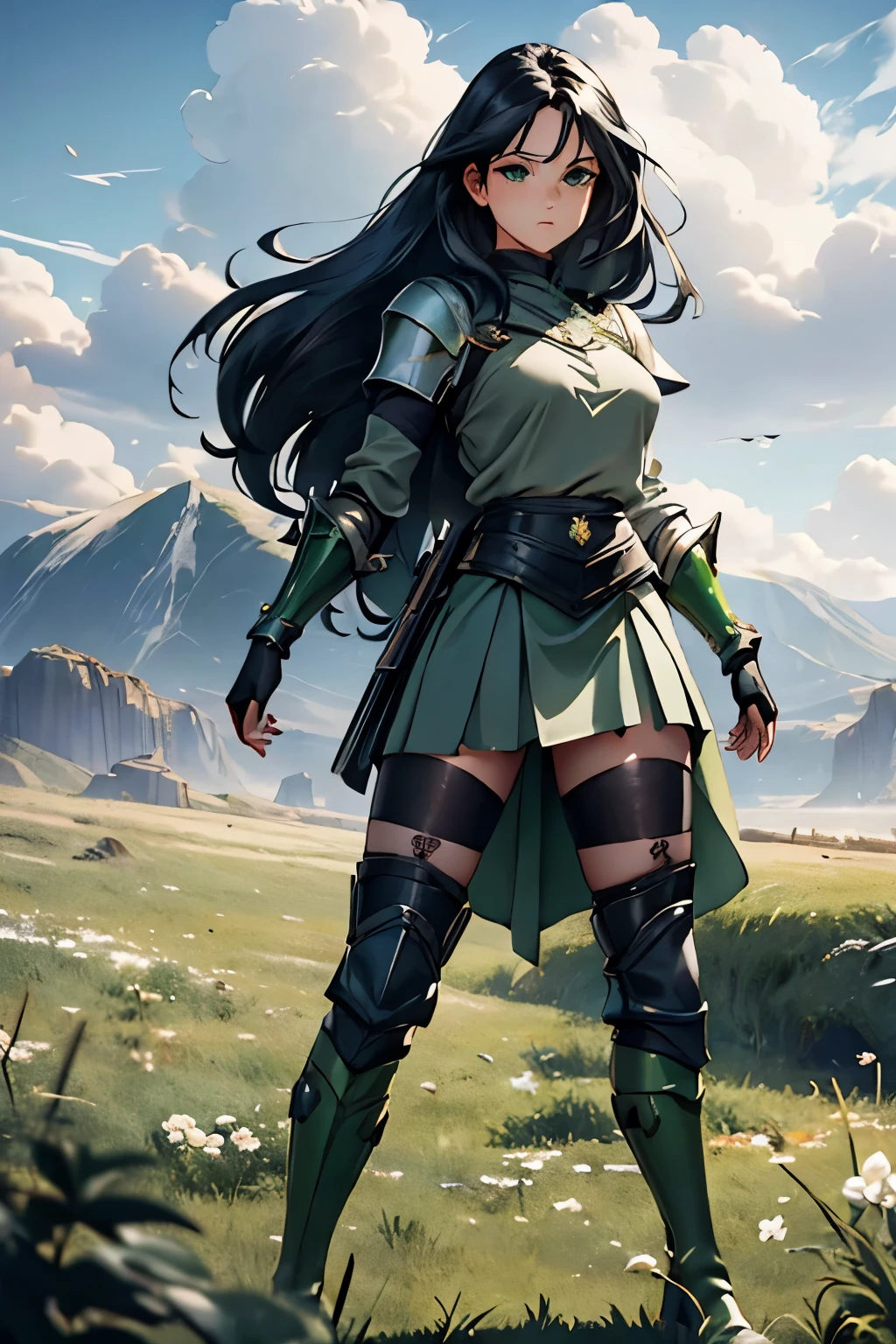 (((masterpiece))), (((best quality))), ((ultra-detailed)), (cinematic lighting), (illustration), (beautiful detailed eyes), (1girl, 20s), full body, knight, futuristic armour, castle in background, field, expressive eyes, perfect face, Girl: (black hair, long hair, wearing skirt, black pantyhose, green and grey armour, green baggy shirt, knee boots, boob plate),