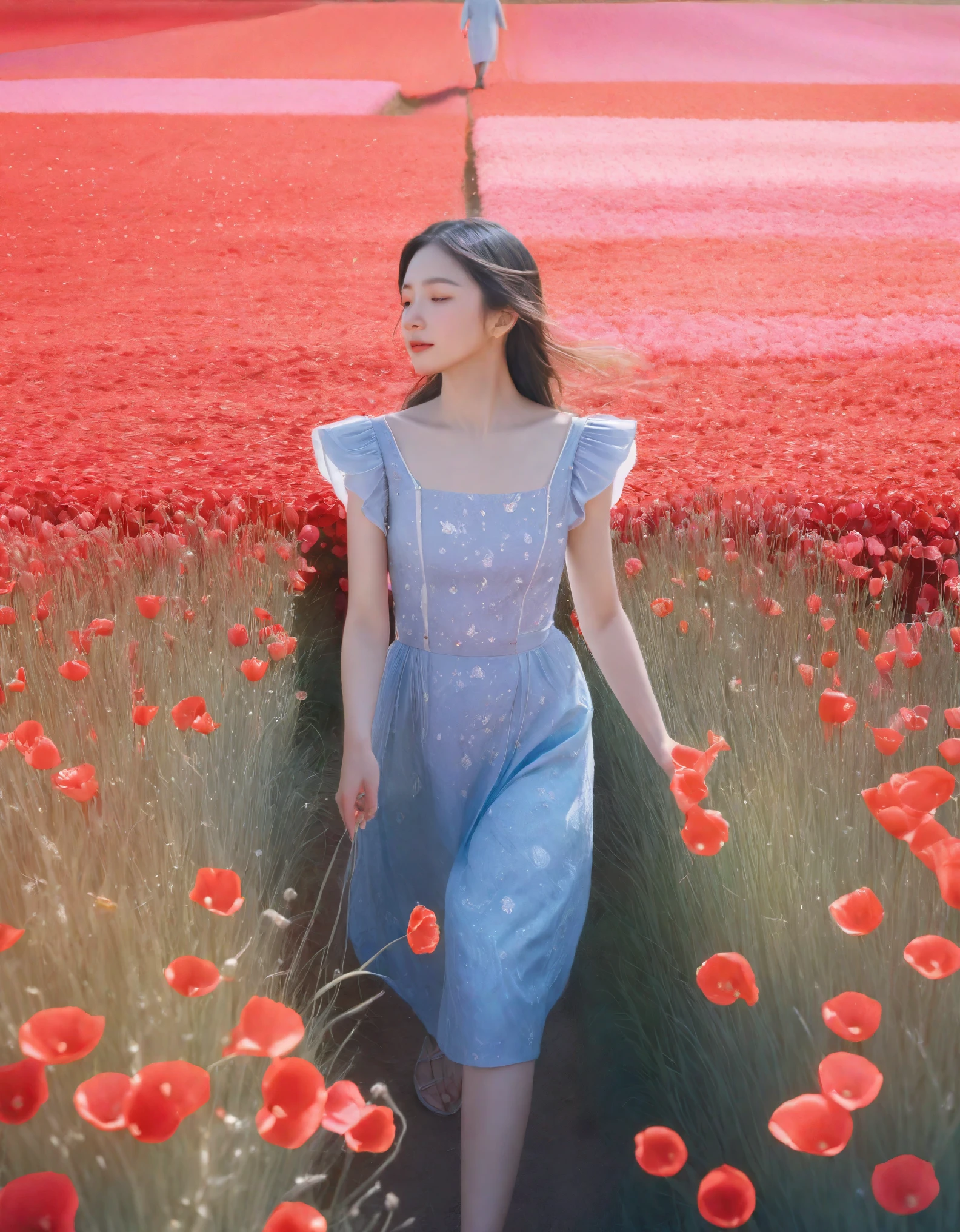 An ultra-detailed, photorealistic masterpiece in raw format, featuring a girl in vibrant red petals, surrounded by intricate crystal floral patterns, walking in a vast field of flowers under a clear blue sky, captured in 8k resolution with cinematic lighting and a dreamy, surreal ambiance.