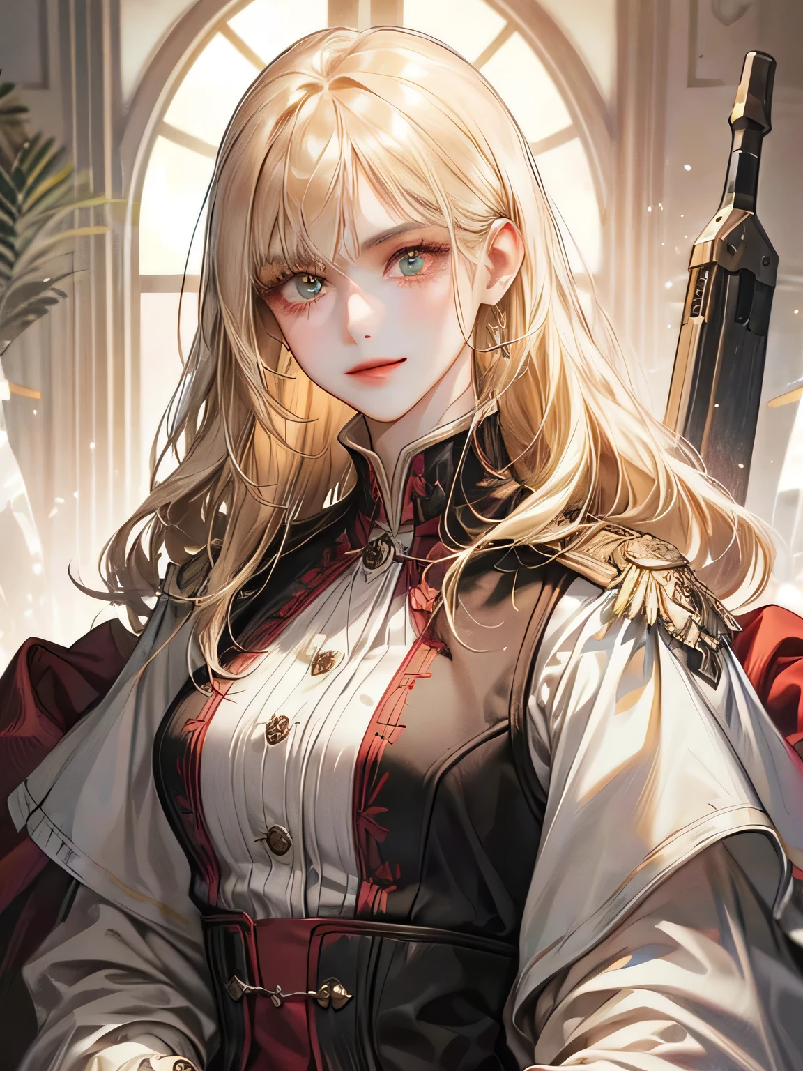 (best quality,HD:1.2), ultra-detailed, realistic:1.37, female around 27, tall, mature, long and slightly curl blonde, crimson eyes, sharp face, sharp eyes, white military vest, low exposure, solo, smile, serious expression