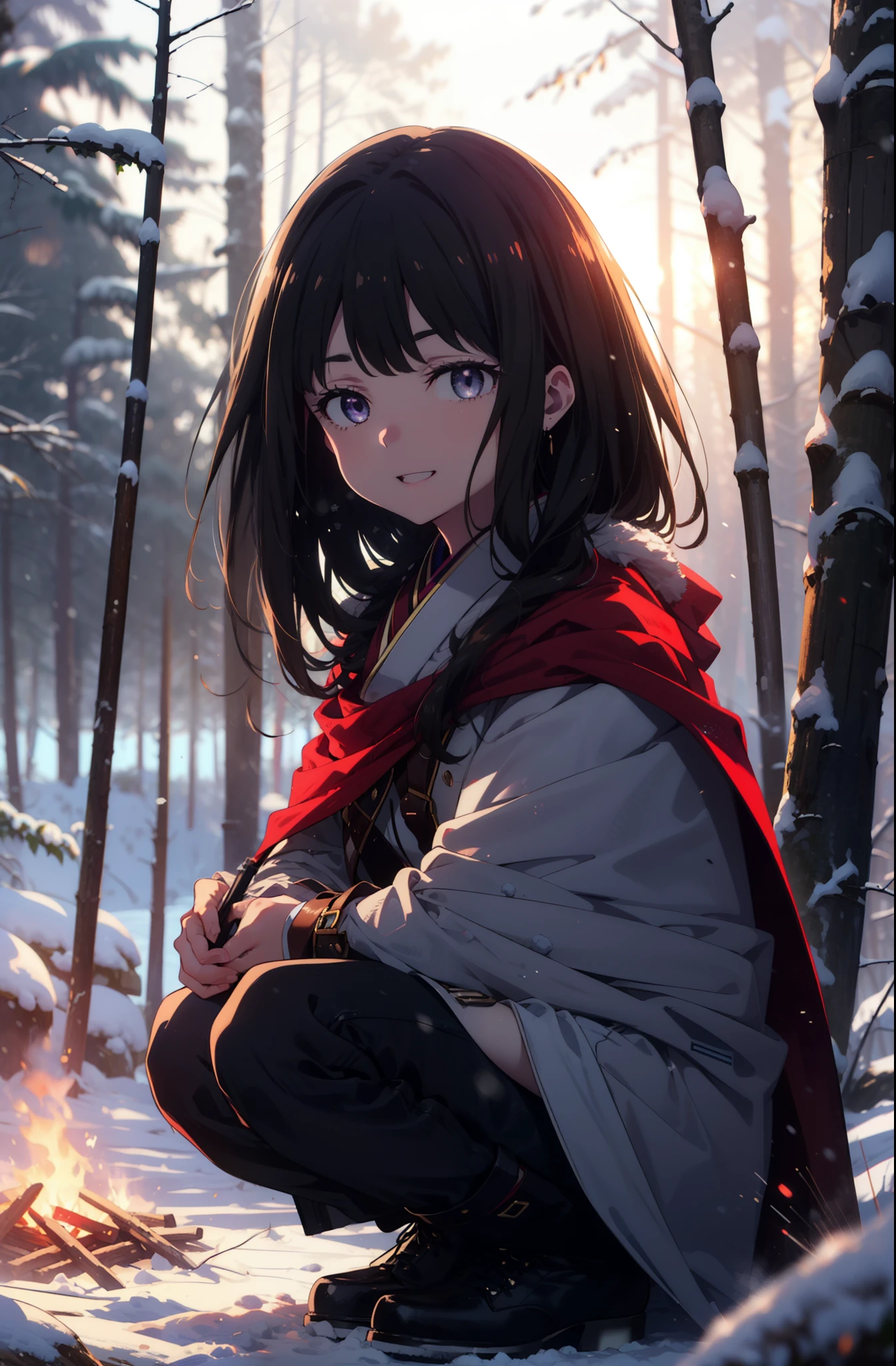 Takiuchi, Inoue Check, Long Hair, bangs, Black Hair, (Purple eyes:1.2),smile,
Open your mouth,snow, fire, Outdoor, boots, snowing, From the side, wood, suitcase, Cape, Blurred, forest,  nature, Squat,  Cape, winter, Written boundary depth, Black shoes, red Cape break looking at viewer, Upper Body, whole body, break Outdoor, forest, nature, break (masterpiece:1.2), highest quality, High resolution, unity 8k wallpaper, (shape:0.8), (Beautiful and beautiful eyes:1.6), Highly detailed face, Perfect lighting, Highly detailed CG, (Perfect hands, Perfect Anatomy),
