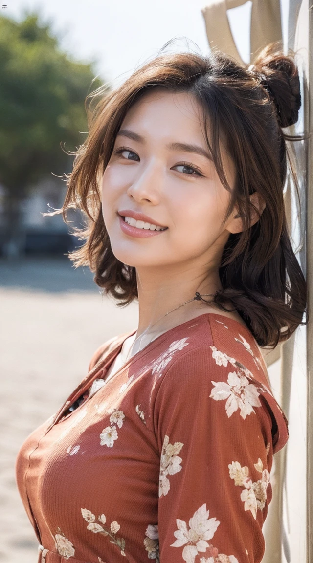 8k, highest quality, masterpiece, Realistic, Super detailed,  photograph, High resolution, RAWphotograph, High resolution, Absurd, Cinematic Light, Official Art, High resolution, Depth of written boundary,
Plump body, cute顔, smile, Beautiful details in the eyes, 29-year-old,Japanese, cute, Brown messy hair,dress, Beach, (Wind:1.8), Floral print,