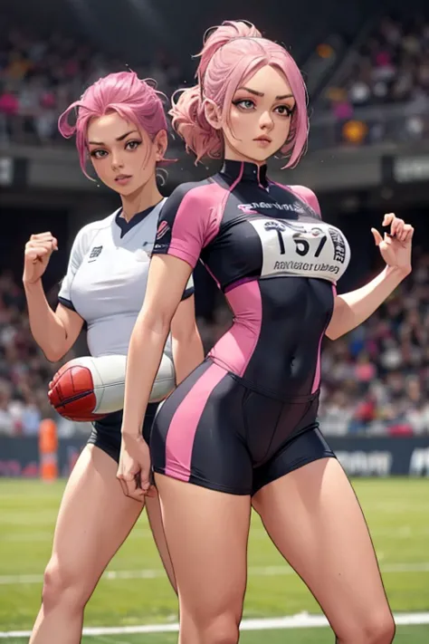 a pink haired woman with violet eyes with an hourglass figure in a sports uniform is kicking a ball around