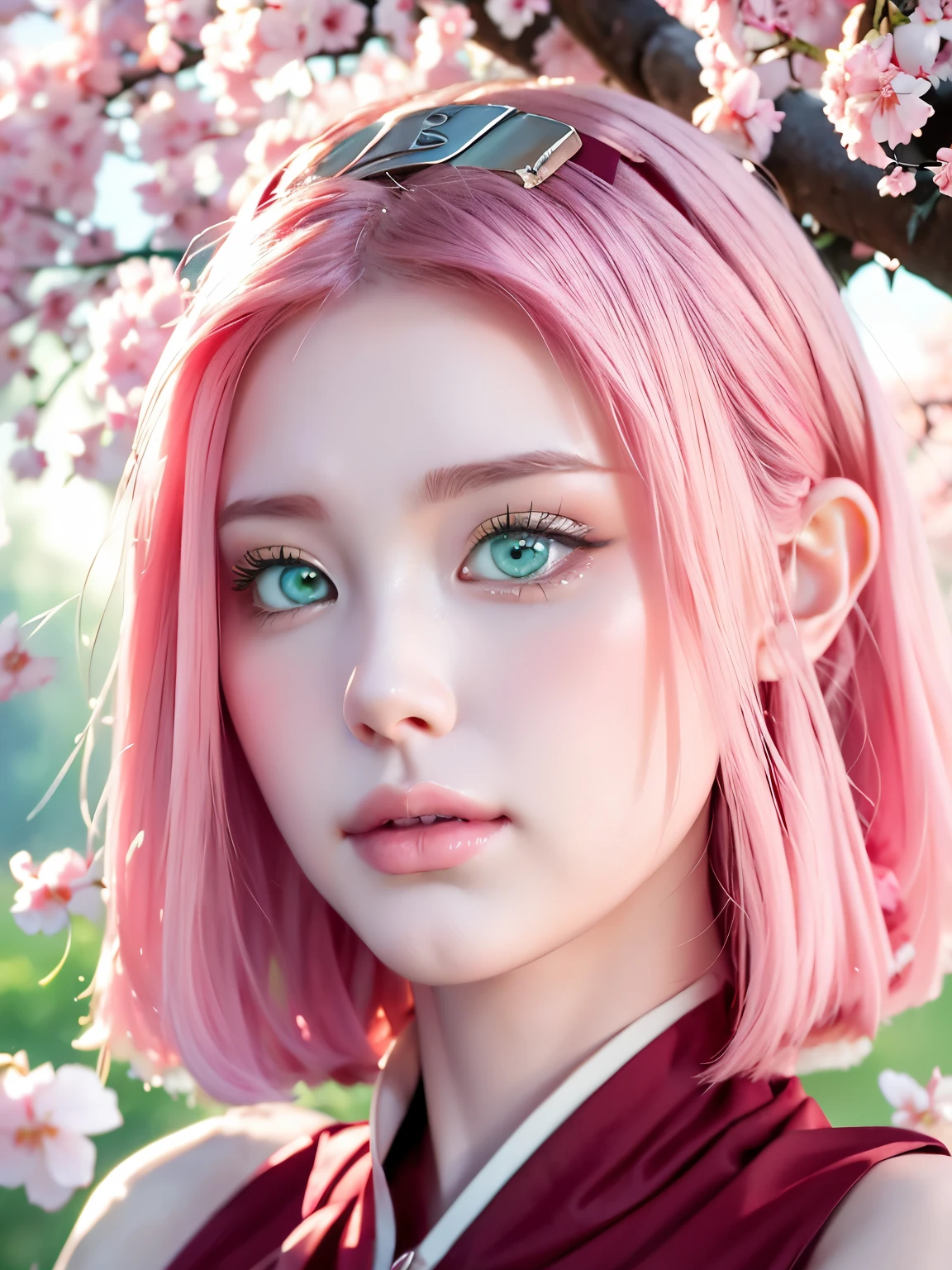 Sakura Haruno, has shoulder-length pink hair, she has emerald eyes, a sharp nose, white skin, and a soft face, (best quality, highres:1.2), 1girl, beautiful detailed eyes, beautiful detailed lips, extremely detailed eyes and face, long eyelashes, HDR, studio lighting, sharp focus, physically-based rendering, extreme detail description,  perfect shape, facing viewer, sweaty, gorgeous, appearing in full frame, good-looking, Beautiful fair skin and luster, Beautiful eyes are big and bright, Small mouth and thin lips, Goodness of style and slendernes,), beautiful girl illuminated by seven colors of light, Irridescent coloe, showing off her figure, seductive and confident, enchanting aura, surrounded by cherry blossom trees, delicate and vibrant petals falling all around her, soft pink and white colors, sunlight filtering through the trees, creating a warm and dreamy atmosphere, no nsfw.