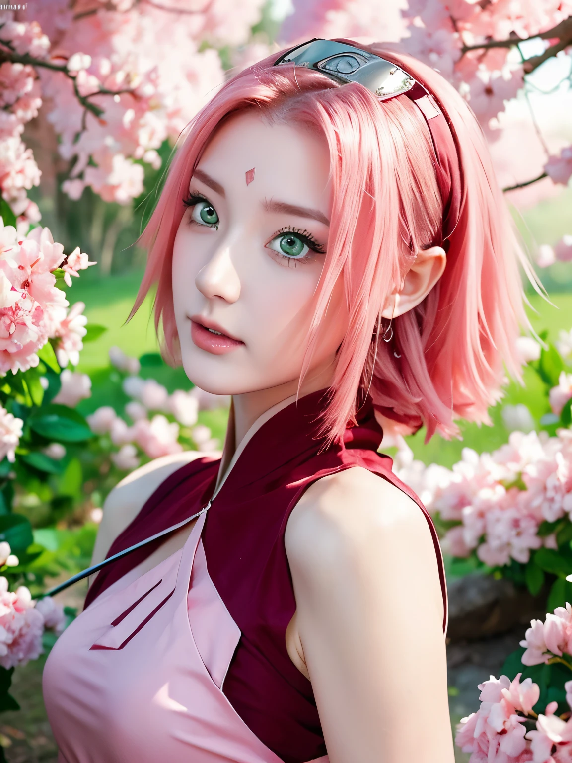Sakura Haruno, wearing ninja costume in naruto shippuden saga, has shoulder-length pink hair, she has emerald eyes, a sharp nose, white skin, and a soft face, (best quality, highres:1.2), 1girl, beautiful detailed eyes, beautiful detailed lips, extremely detailed eyes and face, long eyelashes, HDR, studio lighting, sharp focus, physically-based rendering, extreme detail description, portraiting breasts, perfect shape, facing viewer, sweaty, gorgeous, appearing in full frame, good-looking, Beautiful fair skin and luster, Beautiful eyes are big and bright, Small mouth and thin lips, Goodness of style and slendernes), beautiful girl illuminated by seven colors of light, Irridescent coloe, showing off her figure, seductive and confident, enchanting aura, surrounded by cherry blossom trees, delicate and vibrant petals falling all around her, soft pink and white colors, sunlight filtering through the trees, creating a warm and dreamy atmosphere.