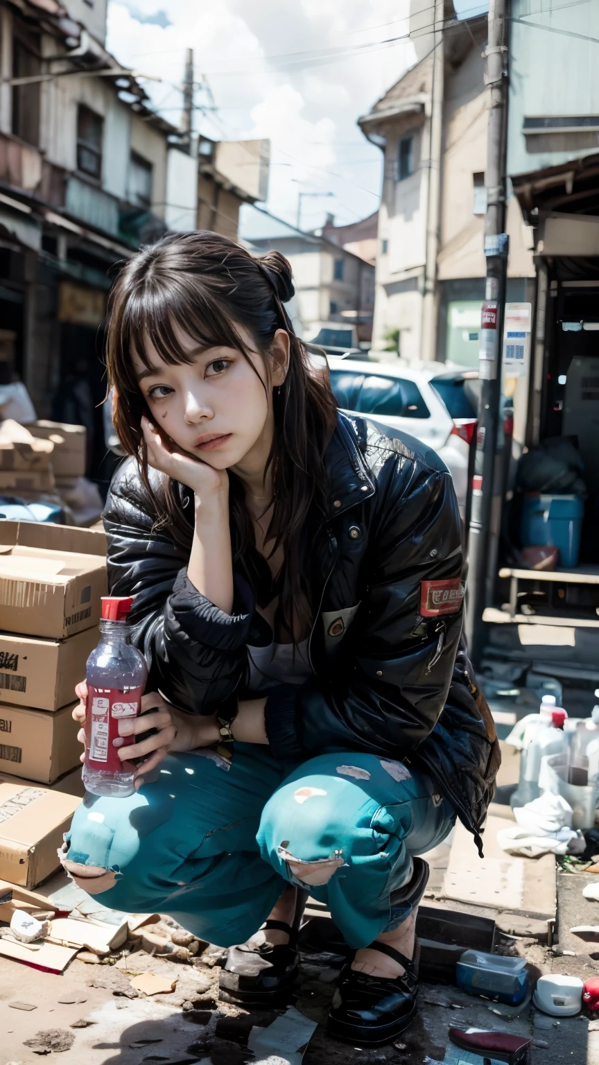 (((Brown glass medicine bottle,He had a suspicious drink))),With bangs,Beautiful black hair,Homeless Korean woman with straight medium bob cut,Crouching,A 2 Korean woman surrounded by a pile of garbage,(((No hat))),aespakarina,((Very displeased look)),(((Homeless))),((( Bad smell,Oil,Mud stains,shit,dirty))),(((Frowning,Glaring at the camera))),Very fine eye, Flat Chest,(((Wearing a tattered black coat))),(((Tragic))),(make:1.4),Big eyes,Frowning expression,hiphop dancer,Gangster-style long pants,wearing edg90hh_clothing,8k,High definition,gang style